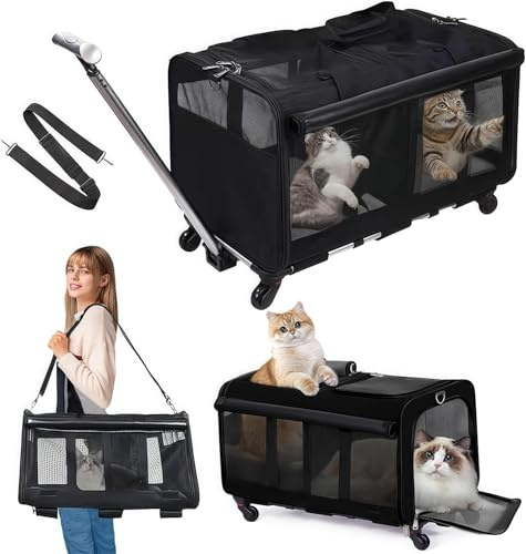 WUDLEP Large Cat Carrier with Wheels, Double-Compartment Pet Rolling Carrier for 2 Cats, Black Pet Carrier Bag for Up to 35 LBS, Super Ventilated Design with Detachable Wheels, Suitable for Trips