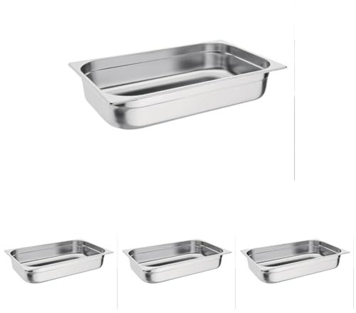 Vogue Gastronorm Pan 1/1, Stainless Steel Tray, Depth: 100 mm, Capacity: 13.5 litres, Hot and Cold Food Storage Container, Bain Marie Compatible, Lid Sold Separately, K923 (Pack of 4)
