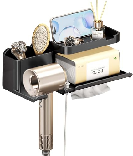 Luxvara Support Seche Cheveux, Porte Seche Cheveux sans Percage avec Support de Câble et Rangement,Support Mural pour Sèche-Cheveux,Applicable à La Salle de Bain, Salon de Coiffure(Noir)