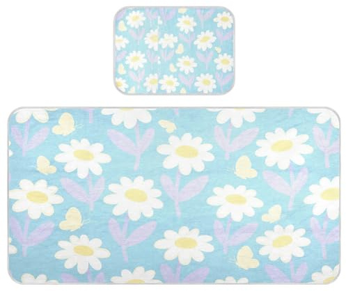 miaozhen Colchón refrescante para cama de bebé de 28 x 52 pulgadas, lavable, diseño de margaritas, flores blancas y azules, almohadillas protectoras de colchón para bebés y niños pequeños