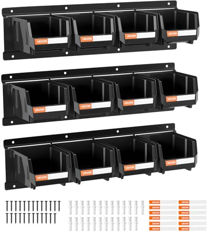 VEVOR Wall Mounted Storage Bins, 12 Plastic Bins & 3 Metal Rails, Plastic Hanging Stackable Storage Bin for Screws, Nuts, Bolts, Nails, Hardware Tool Organizer for Workshop, Craft Room, Garage, Black