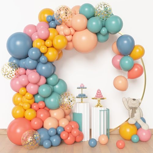BlueCloudy Kit arco guirnalda globos boho, diferentes tamaños 45 30 25 12 cm, globos azul polvo rosa sonrosado oro confeti, para decoraciones cumpleaños boho colorido