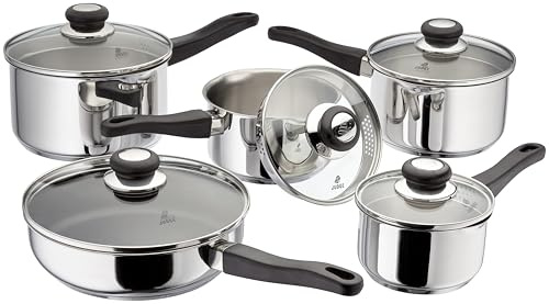 Judge Vista Draining Set of 5 Stainless Steel Pans, 14cm, 16cm, 18cm & 20cm Saucepans with Pouring Lip and Strainer Lids and 24cm Saute Pan, Induction Ready, Oven Safe, 25 Year Guarantee