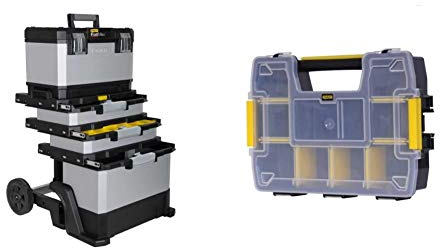 Stanley FatMax Rollende Werkstatt aus Metall-Kunststoff 1-95-622 – Werkzeugwagen leer – Vielseitige Werkzeugbox für Kleinteile & FatMax Werkzeug-Organizer Sortmaster/Aufbewahrungsbox (29x21x6.3cm)