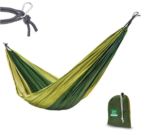 Floordirekt Hängematte Outdoor ohne Gestell Camping, Balkon, Garten, Reisehängematte Ultraleicht inkl. 2 Karabinerhaken, Atmungsaktiv, schnelltrocknend bis 200 kg Tragkraft Fallschirm Nylon Armeegrün