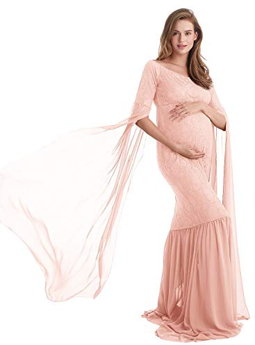 AYMENII Maternity Long Chiffon Sleeve Photography Dress Lace Gown for Wedding Evening Party Photo Props Baby Shower