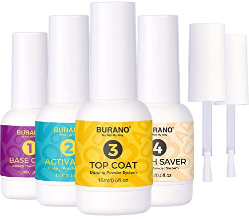 BURANO Dip Powder Set, 0.5oz Large Capacity Dip Powder Base & Top Coat with Activator Brush Saver for Dipping Powder Nail Kit