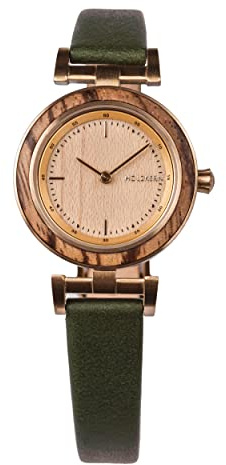 HOLZKERN Laura The Compass - Relojes de pulsera analógicos para mujer, diseño de cuarzo japonés de 28 mm de diámetro, de madera de cebra y acero inoxidable dorado | Reloj atemporal para mujer,