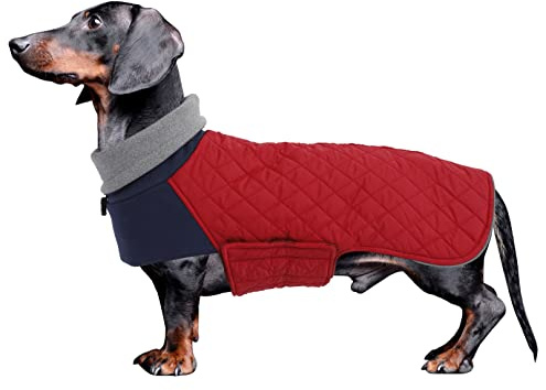 Geyecete- Abrigo Teckel,Chaqueta de Perro de Invierno,Abrigo Impermeable para Teckel Mini,Perro Salchicha Jersey con Agujero arnés,Térmico Pullover para Teckel Miniatura/Teckel estàndard-Rojo-S
