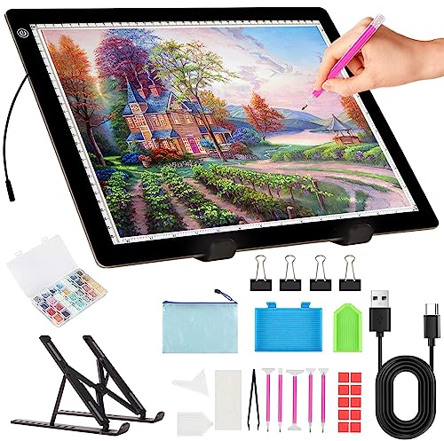 Leuchtplatte A3 für Diamond Painting - Diamond Art Leuchttisch Kit mit Ständer, stufenlos dimmbar 3 Stufen Helligkeit Peilsender Leuchtkasten Ultradünne LED Light Pad zum Zeichnen