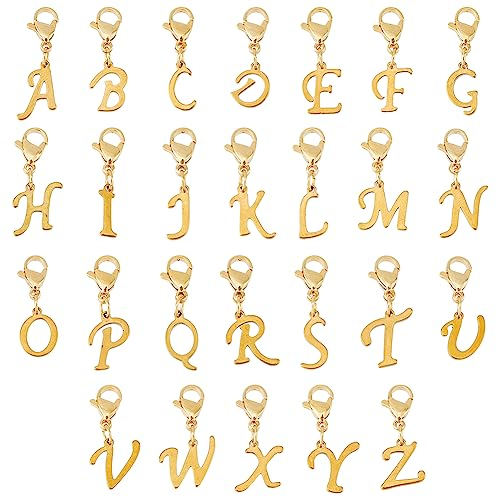 SUPERFINDINGS 26 Stück 304 Edelstahl Buchstaben Anhänger Charms Goldener Buchstabe A Bis Z Karabinerverschlüsse Charms Mini Alphabet Armband Halsketten Anhänger
