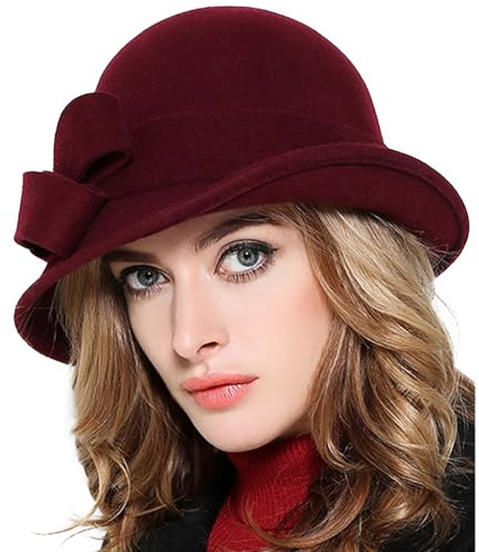 Elegant Wool Felt Bowler Hat for Women | Tea Party Wedding Bride Church Hat | Ladies Cocktail Fedora with Bowknot | Vintage Formal Ceremony Headwear Wine Red