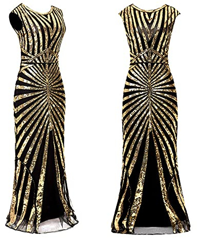 Abiti da donna anni 1920 con accessori anni 20, vestito Charleston perfetto per Carnevale, vestito a frange con scollo a V, paillette e perline, vestito da sera elegante con paillette per feste