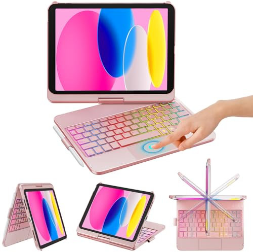 KBCASE Teclado para iPad 10 Generación 2022/11 Generación A16 2025 (10.9/11 Pulgada) con Trackpad, Rotación de 360° Retroiluminado de 7 Colores Bluetooth Magnéticamente Teclado para iPad 10/11 Gen