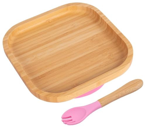 2pc Rosa Bambus-Quadratische-Baby-Entwöhnungsteller & Gabelsatz - Hölzern Geteilt Kleinkind Kinder Essen Fütterung Tablett - Silikon Saugnapf - Von Tiny Dining