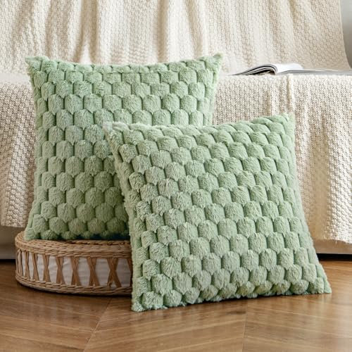 MIULEE 2er Set Kunstpelz Kissenbezüge Dekorative Plüsch Kissenhüllen Weich Sofakissen Dekokissen für Sofa Schlafzimmer Kissen 50x50 cm Hellgrün