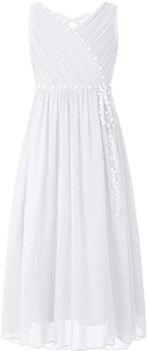 ranrann Robe de Cérémonie Fille Long sans Manches avec Perles Nœud Papillon | Robe Mariage,Demoiselle d'Honneur,Princesse,Bal,Soirée,Communion,Fête,Anniversaire pour Enfant 5-16 Ans