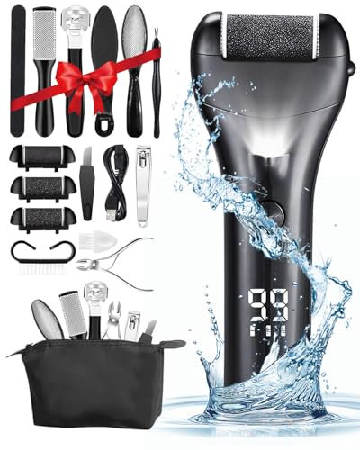 16 in 1 Electric Foot File Feet Hard Skin Remover, 3 Speeds Rechargeable Feet Pedicure Sets, Waterproof Callus Remover Pedicure Kit with 3 Roller Heads & LED Display, Foot Care Tool with Storage Bag