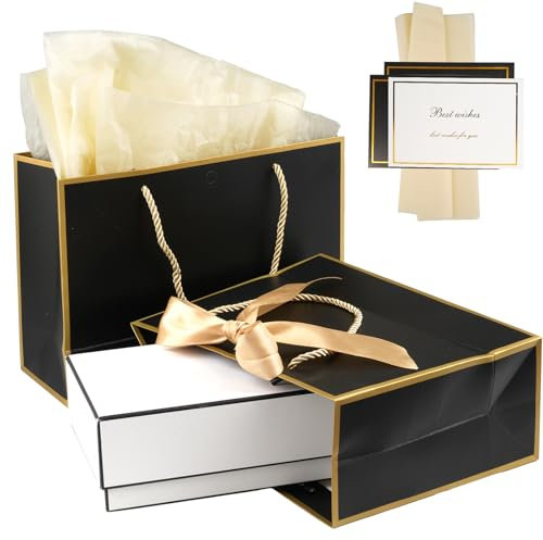 2 Stück Geschenktüten Set, Papiertüten mit Henkel, Geschenktaschen mit Grußkarten und Seidenpapier, Schwarz Geschenk Tüte mit Goldrand, Gift Bag, für Geburtstag, Partys usw.(28x20x10cm)
