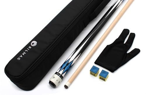 BILMAG Billard Queue Set Komplettset White Diamond, 147cm Queue mit Köcher, Handschuh und Kreide (Diamond - Blau)