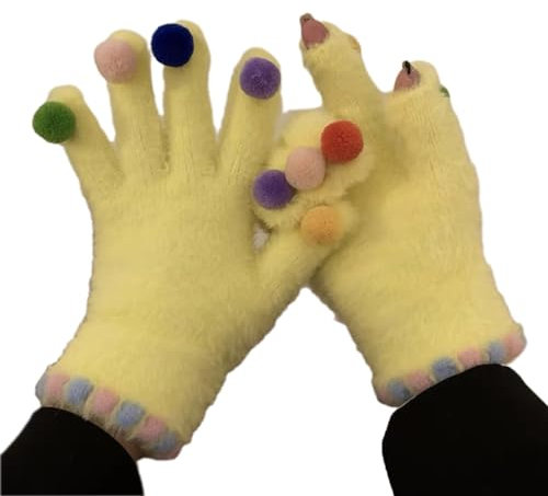 FUXIU Winter-Strickhandschuhe für Damen und Mädchen, Touchscreen, Text-Handschuhe, Outdoor, warme Handschuhe, niedliche Plüschhandschuhe, gelb, As detailed discription