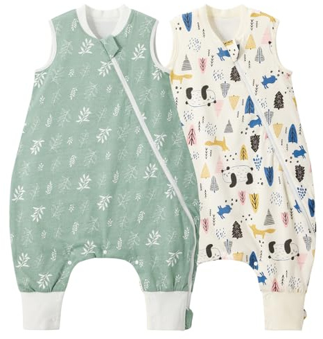 Duomiaomiao Baby sovsäck med fötter, 2-pack 1,0 tog barn året runt vår sovsäck, 100 % bomull sovsäck baby, pojkar sovfilt med ben (85 cm/blad + panda)