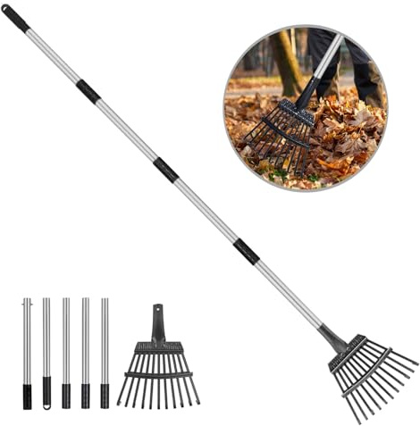 Small Leaf Rake with 11 Metal Tines, 33-68 Inch Rake for Leaves 9'' Wide Adjustable Stainless Steel Handle for Shrub, Flower Bed & Small Area