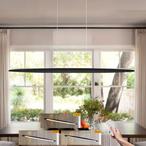 YYUTLUO Lampe À Suspension LED En Bois Pour Table De Salle Manger, Noire Variable Avec Télécommande, Hauteur Réglable, Lampe Salon Au Design Linéaire Moderne Suspendue Pour Bureau Salle Manger (130cm)