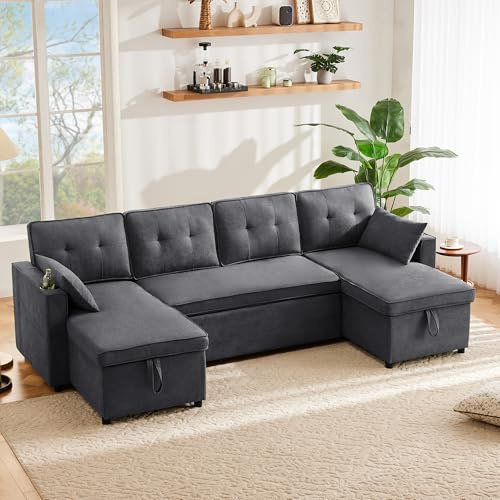 GigaXynium bäddsoffa med sovfunktion, U-formad soffa, stoppad soffa, bomull och linnetyg, med mugghållare, två förvaringsutrymme, lämplig för familjer, vardagsrum och andra platser (grå + 4 seat)