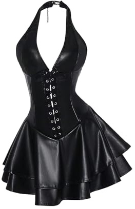 WDIRARA Women's PU Leather Lace Up Mini Halter Dress Sexy Punk Sleeveless Ruffle Layered A Line Dresses Black X-Small