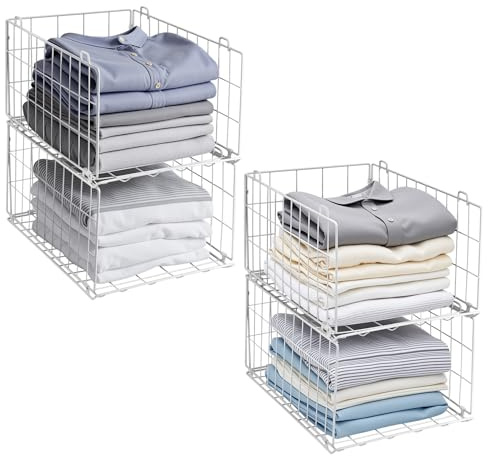 QIWODE Organizador de almacenamiento para armario, organizador de armario, cesta de alambre de metal apilable para almacenamiento de ropa, color blanco (paquete de 4)