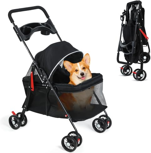 toilmua Cochecito para mascotas para perros pequeños, gatos, giratorio de 360 grados, plegable, carrito de viaje para mascotas con malla visible, soporte para tazas, rueda trasera, freno doble, 1
