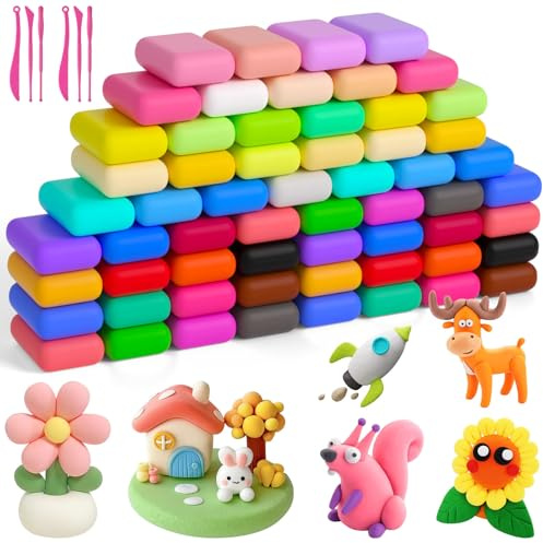 Ainiv 60 Colori Pasta Modellabile Bambini, Argilla da Modellare, Air Dry Clay, Set di Plastiline per Bambino, Idea Regalo per Bambini e Bambine da 3 Anni, Attività Fai da Te e Arti e Mestieri