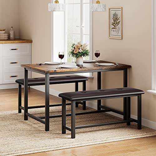 Dining Table and Bench Set for 4 Person, Space Saving Corner Kitchen Table Set with 2 Upholstered Benches, Metal Frame & Solid Wood Top for Apartment, Studio (113x70x75cm + 98x27x47cm) - Retro