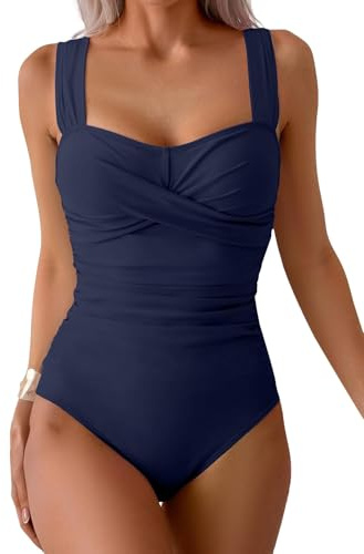 Yutdeng Maillot de Bain Femme 1 Pieces Push Up Maillot de Bain Une Pièce Bretelles Larges Maillots de Bain Une Pièce Contrôle du Ventre Plat Monokini Elégant Swimsuit Froncé Rembourré Swimwear Plage
