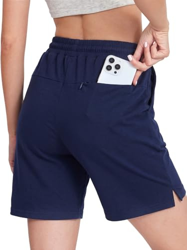 Monbessi Running Shorts Womens with 3 Big Pockets Cotton High Waist Sports Shorts Ladies Gym-Shorts for Casual Lounge Jogging Workout Hiking(M, Navy)