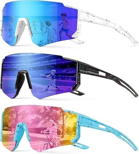 YEAMLTE Gafas de Ciclismo Niño Lote de 3 Gafa de Sol Deportivas Protección UV 400 Gafas de Bicicleta de Montaña para Correr, Hacer Senderismo, Ciclismo, Pescar y Otras Actividades Al Aire Libre (A)