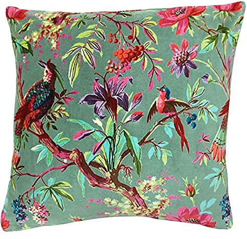 Riva Paoletti paradis fyrkantigt kuddöverdrag mineralblå färgglad fågeltryck sammetstyg maskintvättbar 100% bomull 50 x 50 cm (20 tum x 20 tum)