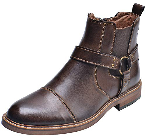 rismart Hombre Cuero Tobillo Botines Chelsea Dedo del pie Gorra Botín Cremallera(Café,43 EU)