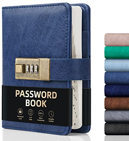 WEMATE Carnet de mots de passe avec serrure, carnet de mots de passe avec onglets alphabétiques, 600+ espaces pour mots de passe, et journal d'organisateur de mots de passe avec serrure, journal de