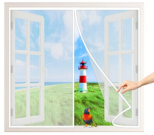 Magnet Fliegengitter TerrassenFenster, 160x120 cm Insektenschutz ohne Bohren, Magnete Automatisch schließen für BalkonFenster, Wohnzimmer, TerrassenFenster, Weiß P