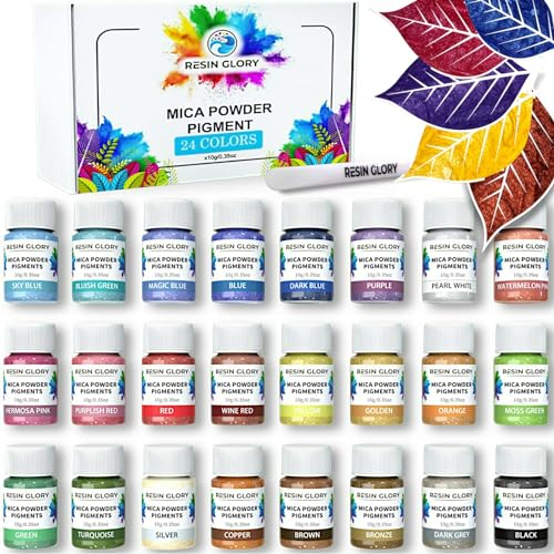 Resin Glory 24 Color Mica Powder Set with Stick – Metallic Pigment Powders for Epoxy Resin, Soap Making, Candle Dye, Bath Bombs, Slime & Crafts – Non-Toxic, Cosmetic Grade Shimmer Powder
