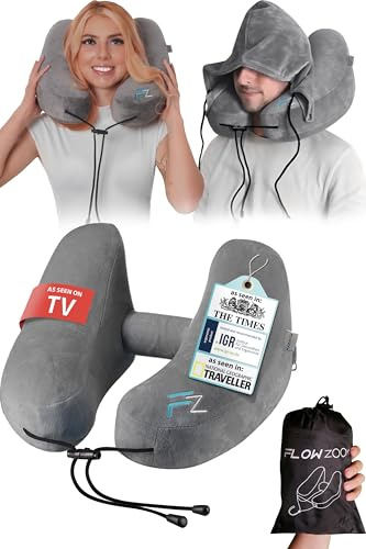 FLOWZOOM AIR Travel Neck Pillow for Airplane Inflatable Hooded Grey Size L