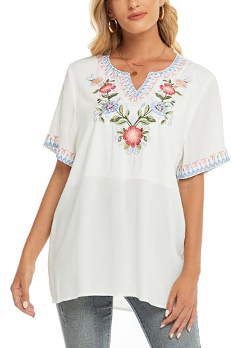 drakloak Blusa bohemia con bordado hippie, ropa para mujer, bohemio, folclore bordado, blusa de manga corta, cuello en V, túnica, verano, 321-blanco, XXL