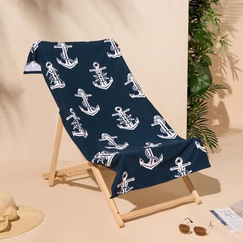Dreamscene Swim Towels for Adults Navy Anchor Print, Beach Towel Microfibre Super Soft Quick Dry Towel Beach Holiday Essentials Travel Towels for Summer, 71cm x 152cm