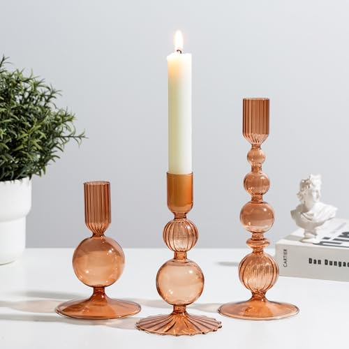 Glasseam Portacandele in Vetro: Set di 3 Candelieri Colorati Marrone A Bolla per Soggiorno, Decorazione Casa e Tavoli da Festa