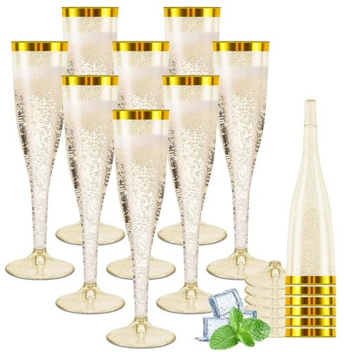 Rosedreamer Plastik Sektgläser 60 Stück Champagner Gläser 150ml Goldene Kante und Glitter Sektglas Mehrweg Plastik Sektgläser für Geburtstag Hochzeit Party Picknicks Outdoor(Gold)