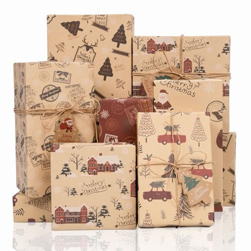Toptime Geschenkpapier Weihnachten, 6 Blatt Weihnachtspapier mit Geschenkanhänger Schnur, Vintage Braunes Kraftpapier mit Weihnachtsmann Schneeflocke, Geschenkverpackungen für Neujahr, Urlaub, 70x50cm