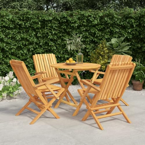 KATERYY 5-TLG. Garten-Essgruppe Massivholz Teak,GartenmöbelSet aus massivem Teakholz Klappbare Stühle & Tisch mit Sonnenschirmloch
