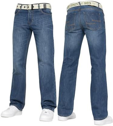 989Zé ENZO Mens Denim Straight Leg Jeans Trousers Regular Fit Stylish Fashion All Waist Sizes Free Belts EZ15 Stone WASH 38W / 32L